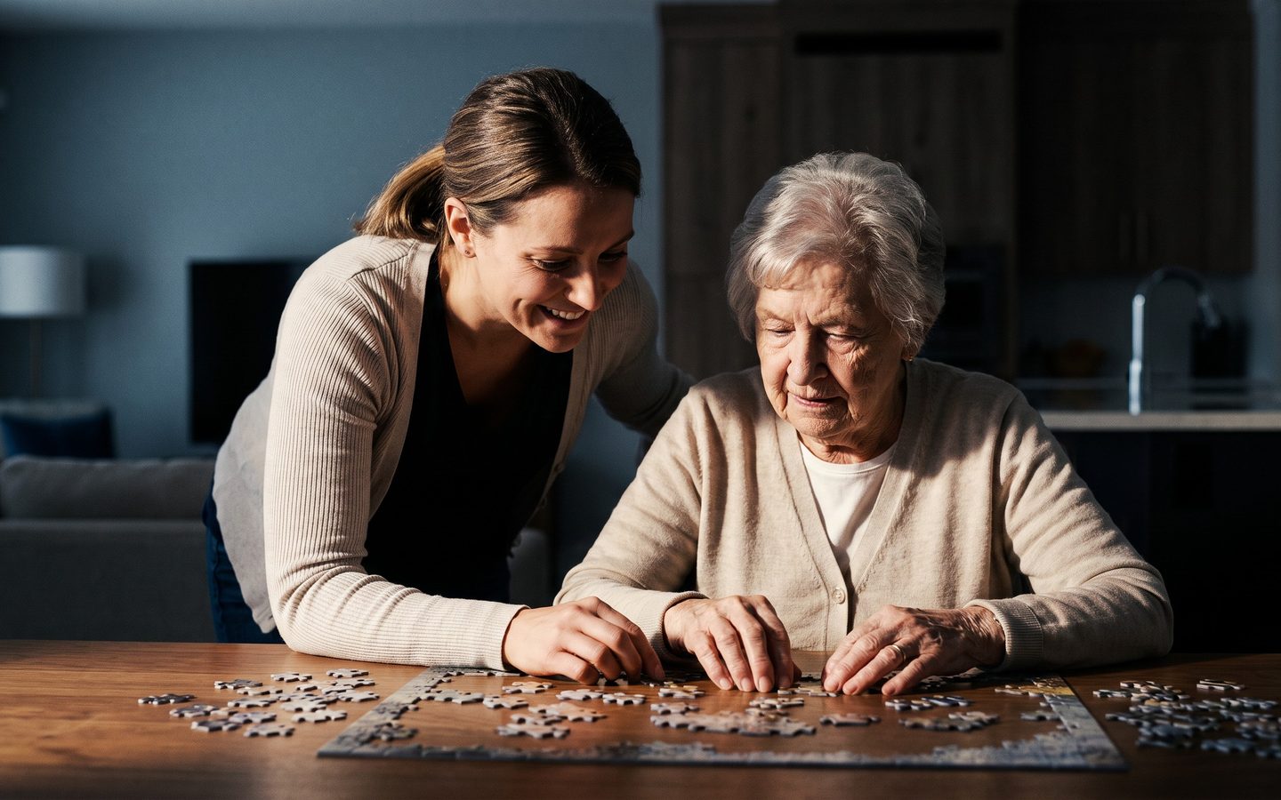 A caregiver and an older woman working on a jigsaw puzzle together