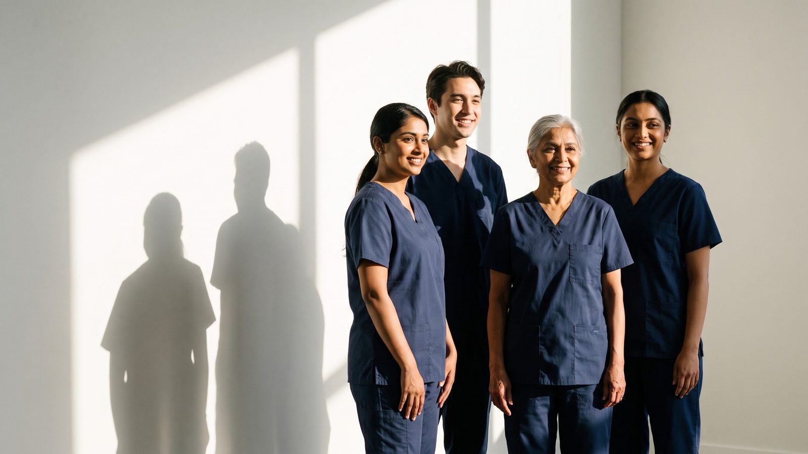 Four health care aides in navy scrubs standing together