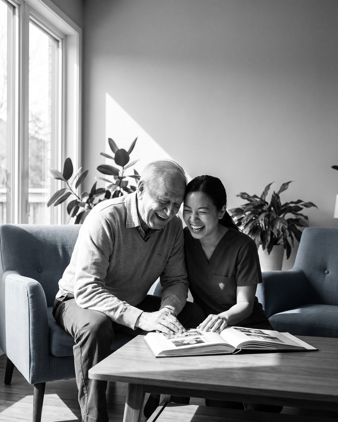 A caregiver and an older man laughing over a photo album in the afternoon