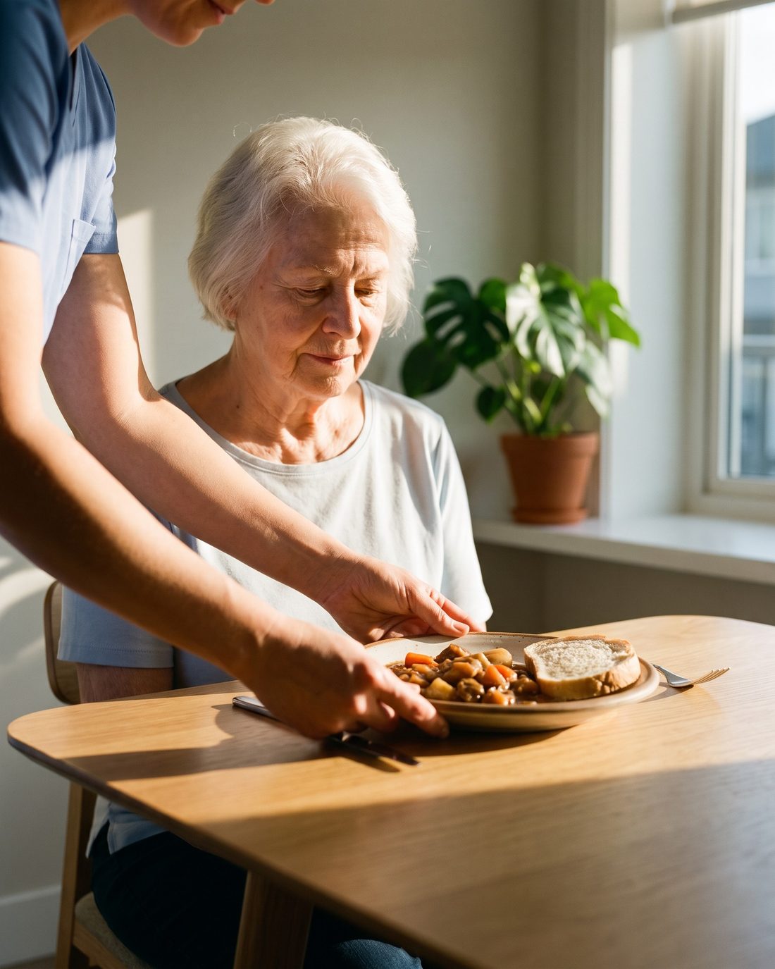 A caregiver setting an evening meal down at the table