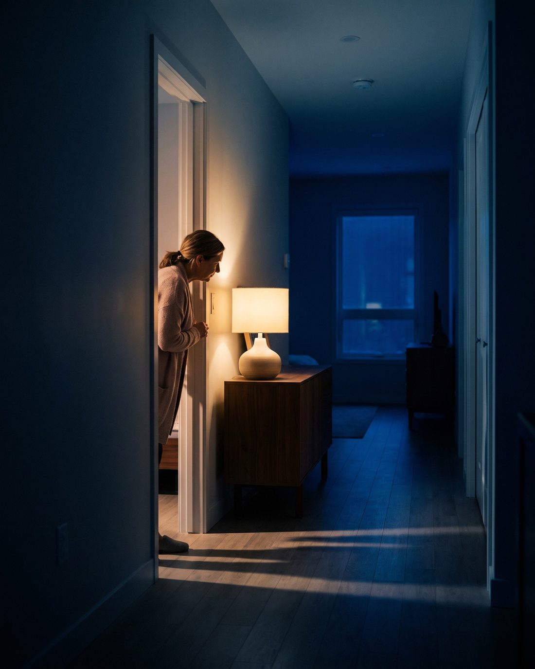 A softly lit hallway at night with a caregiver checking in