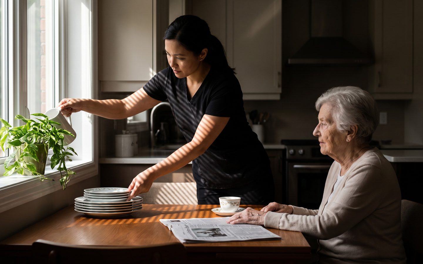 A caregiver tidying a bright kitchen while a client reads at the table