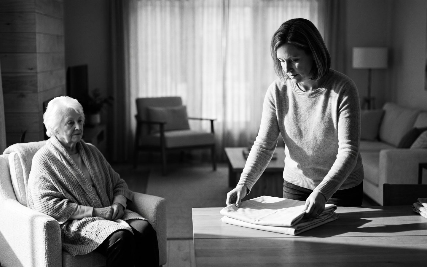 A caregiver folding laundry in a sunlit living room