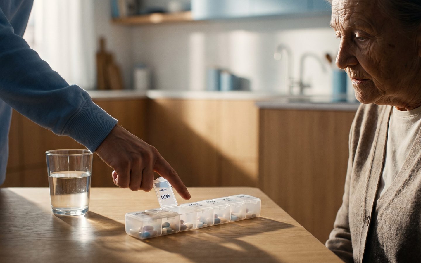 A weekly pill organiser on a kitchen table