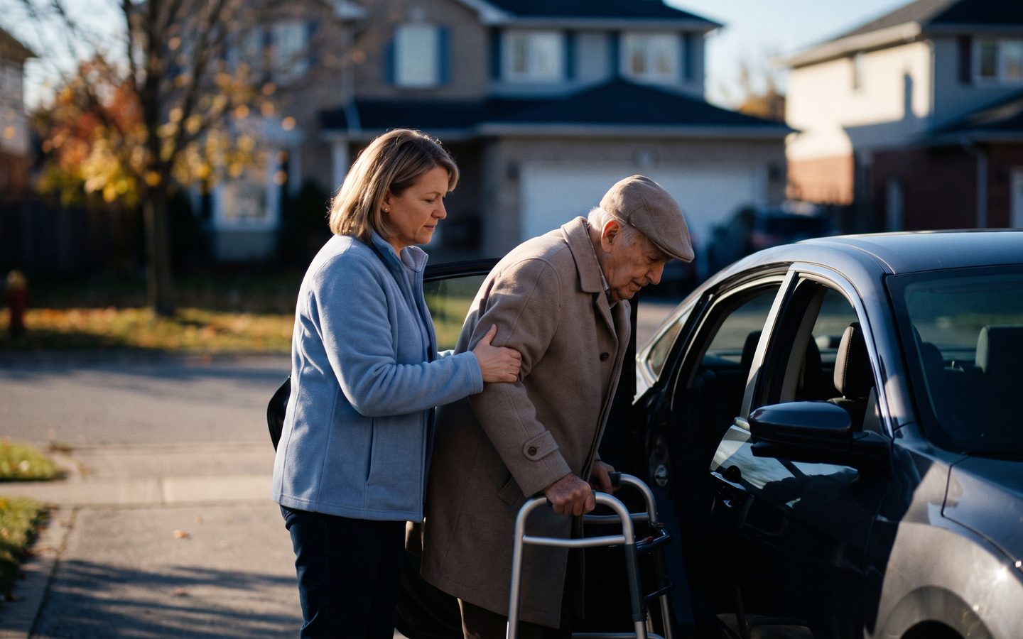 A caregiver steadying a man as he gets into a car
