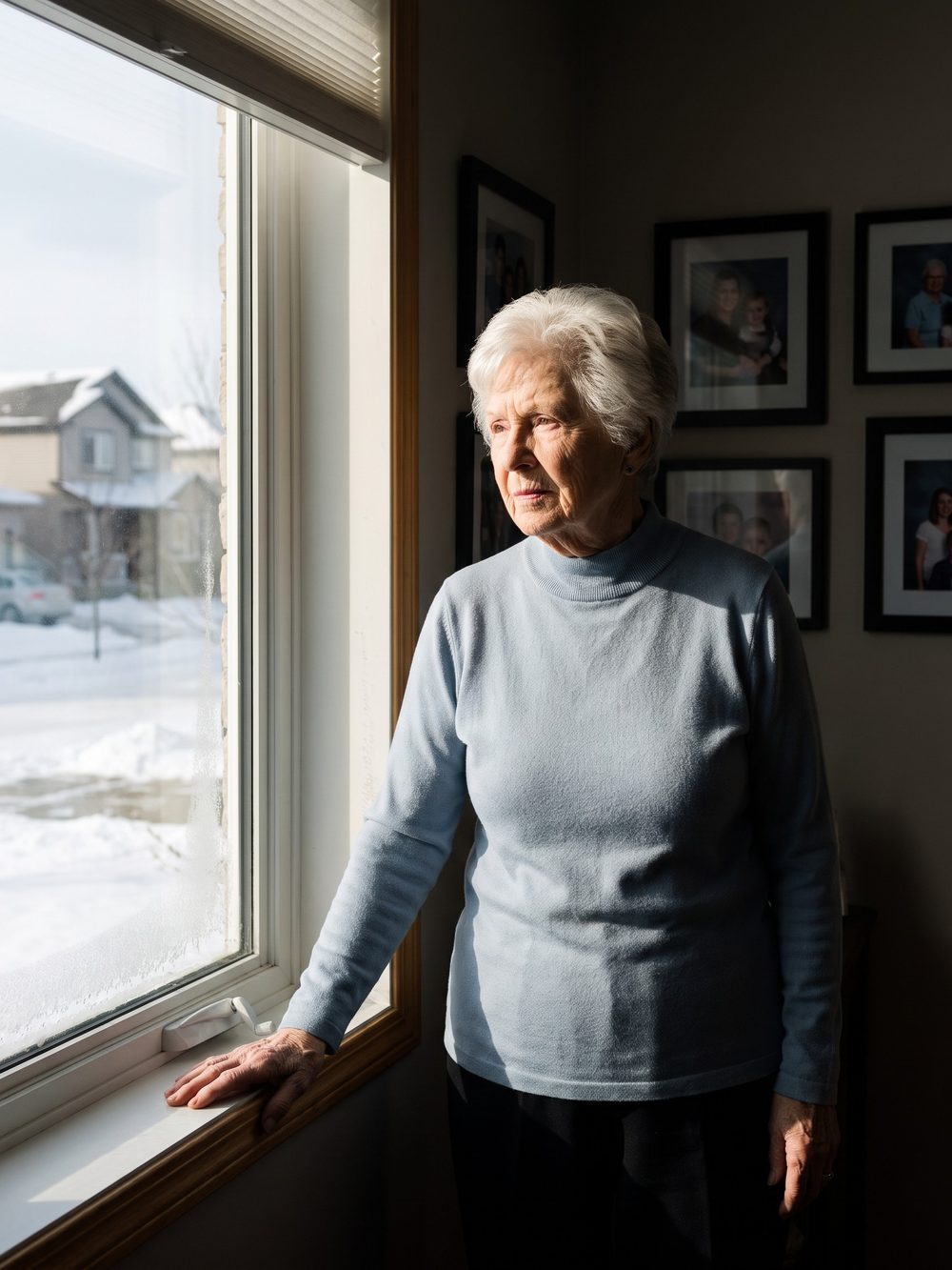 An older woman at her own living room window, looking out at the street